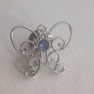 Silver Butterfly Aquamarine Rhinestone Lapel Pin Tie Tack Brooch - Vintage Love